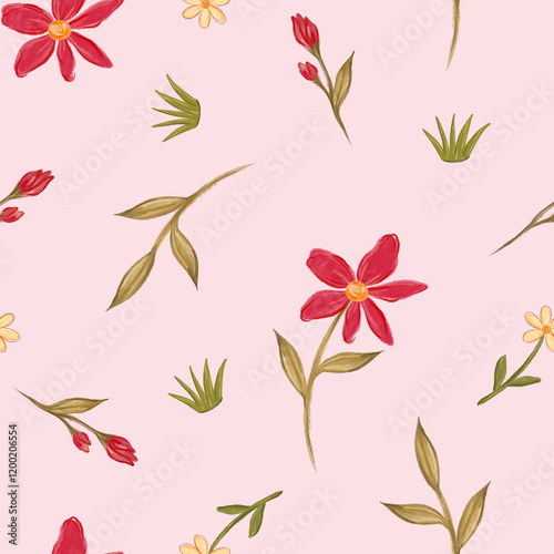 Red flowers seamless pattern for women and girl apparel designs, fabrics and textiles. Botanical illustration hand drawn. floral surface design for fashion prints, scrapbook, wrapping paper