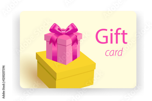 Vector Gift Card and Blank Gift Certificate with pink gift box Silk Ribbon and Satin Bow . Greeting or Sale Card, voucher, Isolated. Birthday, Christmas, Party Gifts, Invitation