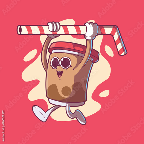 Coffee Character running holding a straw vector illustration. Drink, mascot design concept.