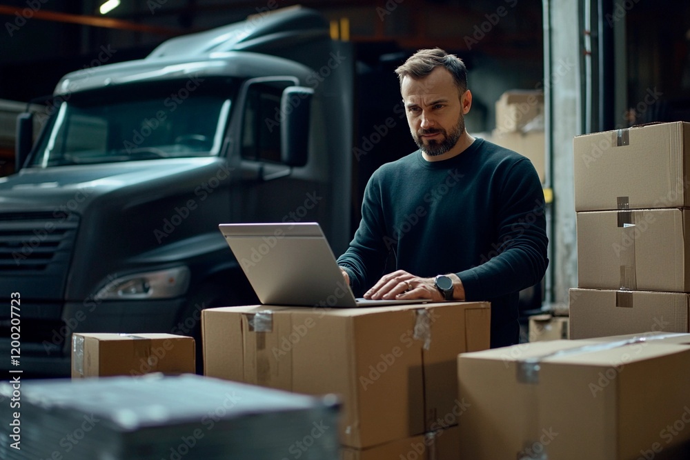 Professional in a warehouse checking inventory using a laptop while surrounded by boxes Professional in a warehouse checking inventory using a laptop while surrounded by boxes