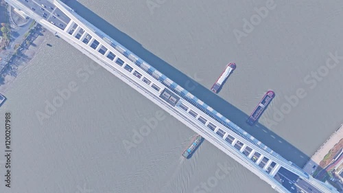 4K Real Time Aerial view of Lupu bridge and Huangpu River in Shanghai, China