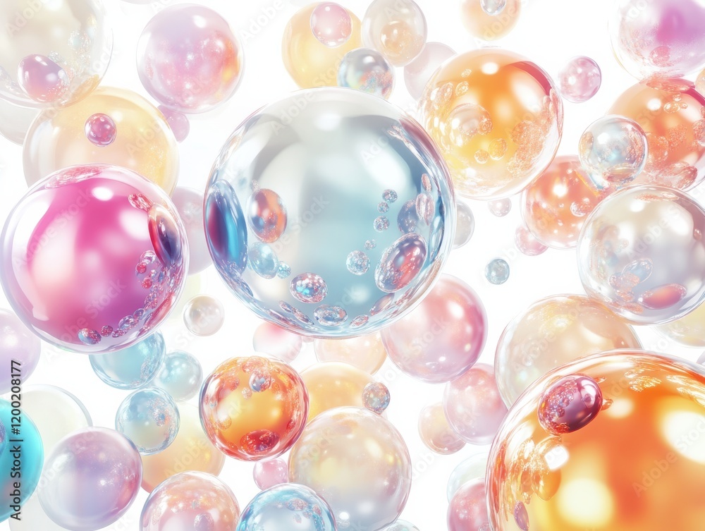 Abstract digital illustration of shiny, reflective spheres with colorful highlights, random sizes and positions Abstract digital illustration of shiny, reflective spheres with colorful highlights, random sizes and positions
