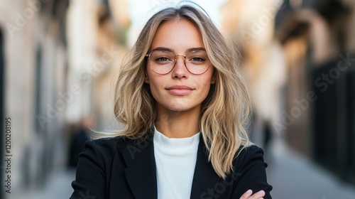 Confident young professional woman wearing stylish glasses in urban setting