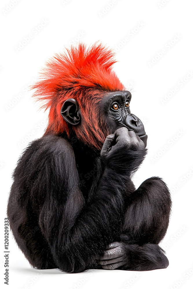 Obraz premium Portrait of gorilla monkey with bright vibrant mohawk, side view isolated on white background 