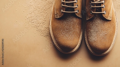 Brown suede desert boots dusted with sand, isolated on a textured tan background photo