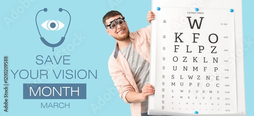 Banner for Save Your Vision Month with young man in trial frame near eye test...