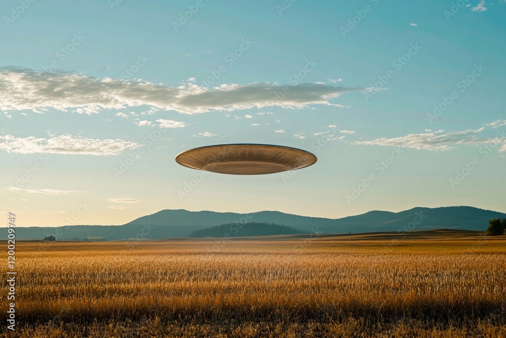 Obraz premium Mysterious craft hovers quietly above golden fields at dusk