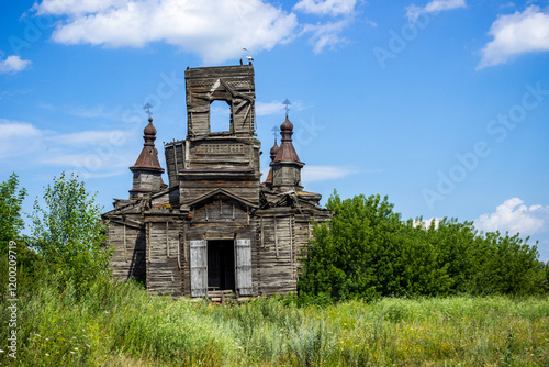 white storks on an old wooden church, rarity, ancient, history, destroyed, without dome, dilapidated building, weed, meadow, herbage, travel, photo