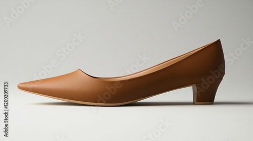 Minimalist brown flats with a pointed toe, placed on a smooth ceramic surface, isolated on a soft gray gradient photo