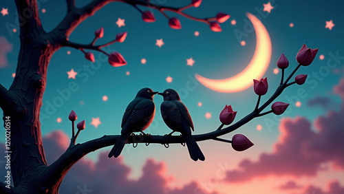 Romantic Lovebirds on a Blossom Branch under a Starry Sky