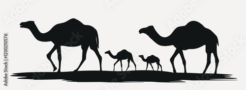 Camel walking black silhouette white background, Camel vector illustration, Camel family walking in the desert vector, Camel walking silhouettes