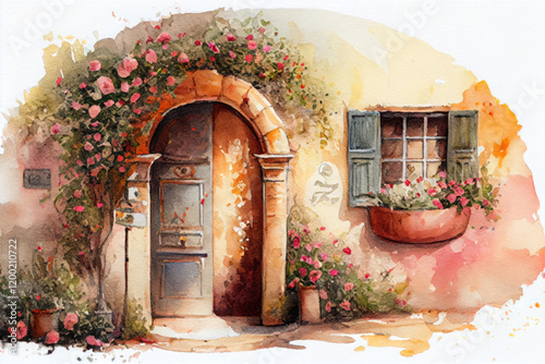 Cozy wooden door of the house, entrance to the house and flowers around, watercolor style, Generative AI