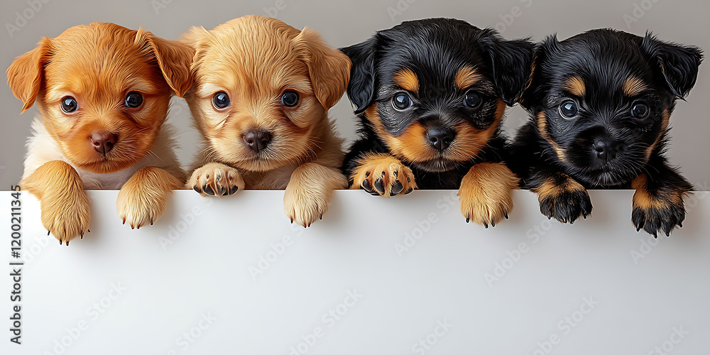 Fototapeta premium Four puppies peeking over a white surface, with their faces clearly visible and expressive, highlighting their adorable and curious nature.