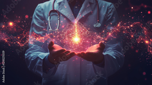 Medical professional utilizes graphene-based biosensor to monitor real-time patient health metrics with vibrant holographic data in a futuristic environment