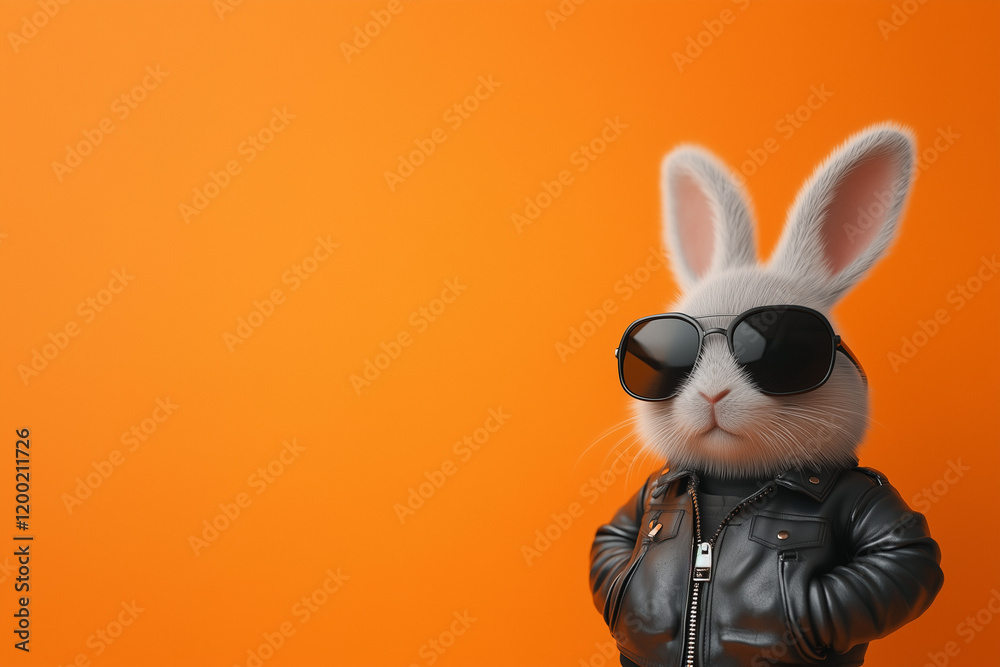 custom made wallpaper toronto digitalBadass looking Easter bunny character with black sunglasses and leather jacket on orange background, original Easter design with copy space