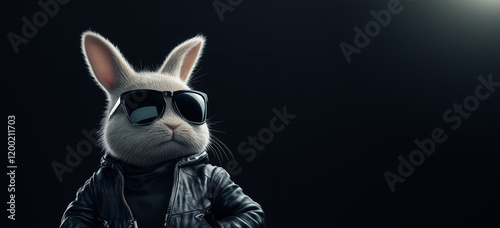 Badass looking Easter bunny character with black sunglasses and leather jacket on black background, original Easter design with copy space