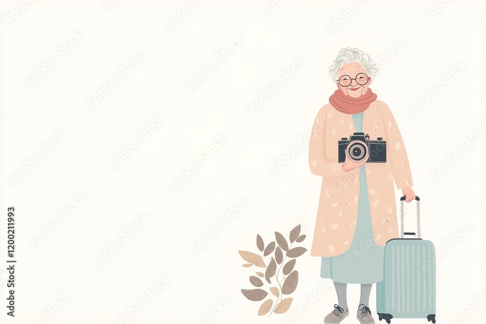 Elderly traveler with camera and suitcase illustration for travel adventures and exploration themes Elderly traveler with camera and suitcase illustration for travel adventures and exploration themes