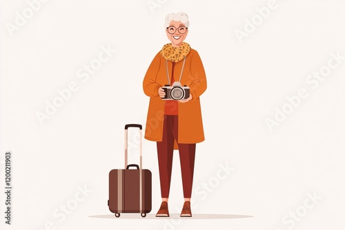 Elderly woman ready for travel with camera and luggage on autumn adventure
