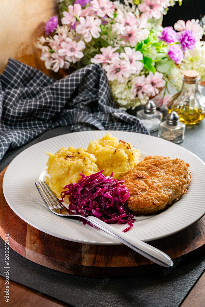 Fotografie Minced meat cutlet served with mashed potatoes and salad.