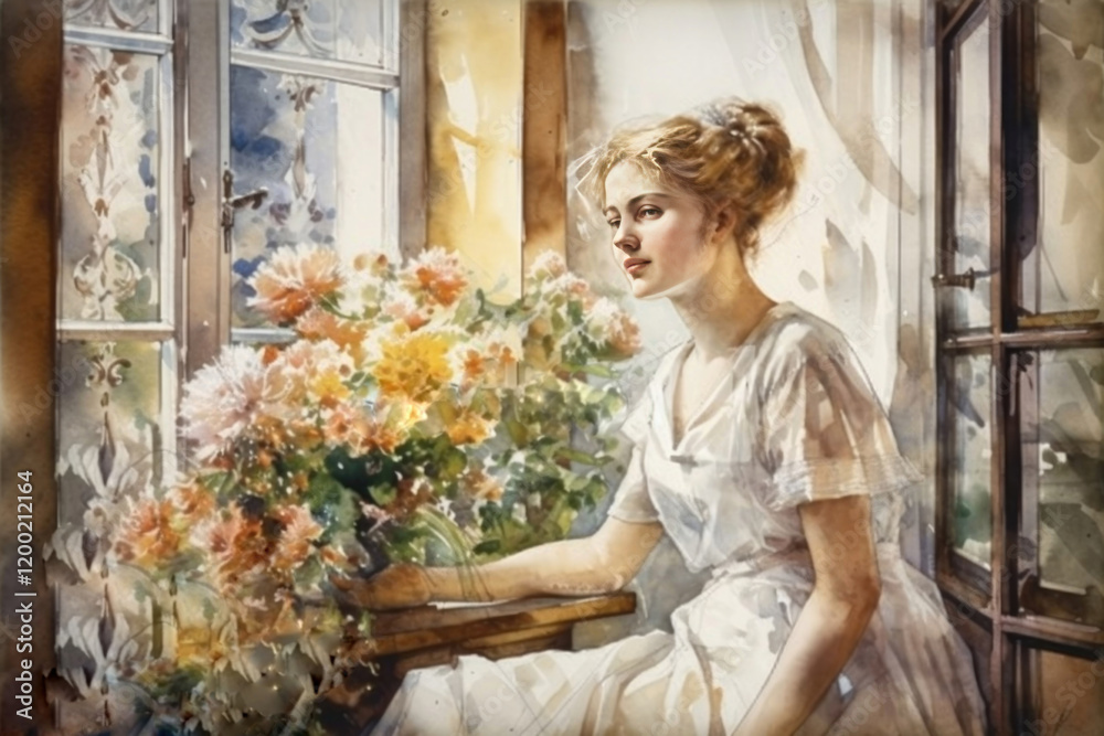 Girl in a white dress at the window surrounded by flowers, watercolor style, Generative AI Girl in a white dress at the window surrounded by flowers, watercolor style, Generative AI