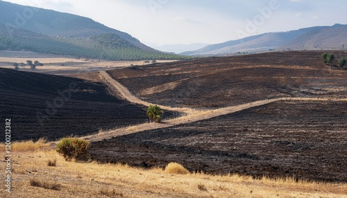 Burned grasslands and fields in a rural area following a recent wildfire in mountainous terrain