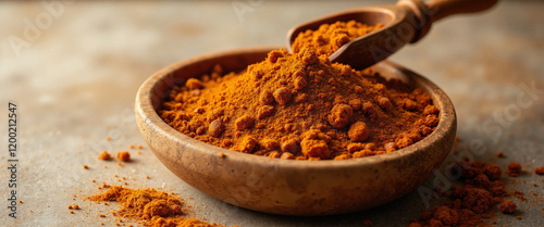 Ground turmeric powder in a wooden bowl with a scoop showcasing vibrant earthy colors photo