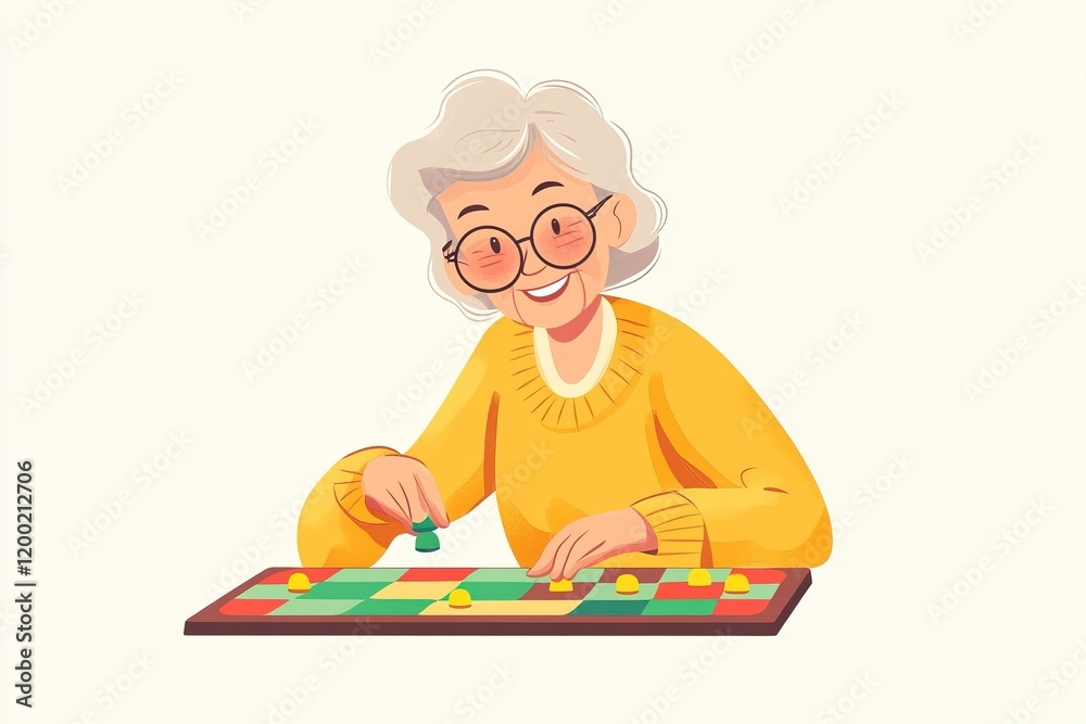 Happy senior woman playing checkers in cozy home setting Happy senior woman playing checkers in cozy home setting
