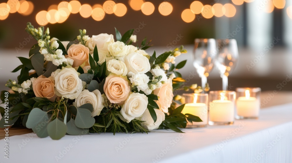 wedding table setting, floral wedding decor with cascading greenery on rustic wooden table and soft candlelight creates a romantic ambiance wedding table setting, floral wedding decor with cascading greenery on rustic wooden table and soft candlelight creates a romantic ambiance