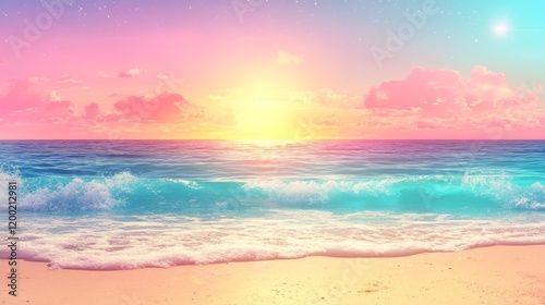 Fototapeta Naklejka Na Ścianę i Meble -  Pastel Paradise Serene Sunset Beach Scene with Gentle Waves, Ideal for Backgrounds and Designs