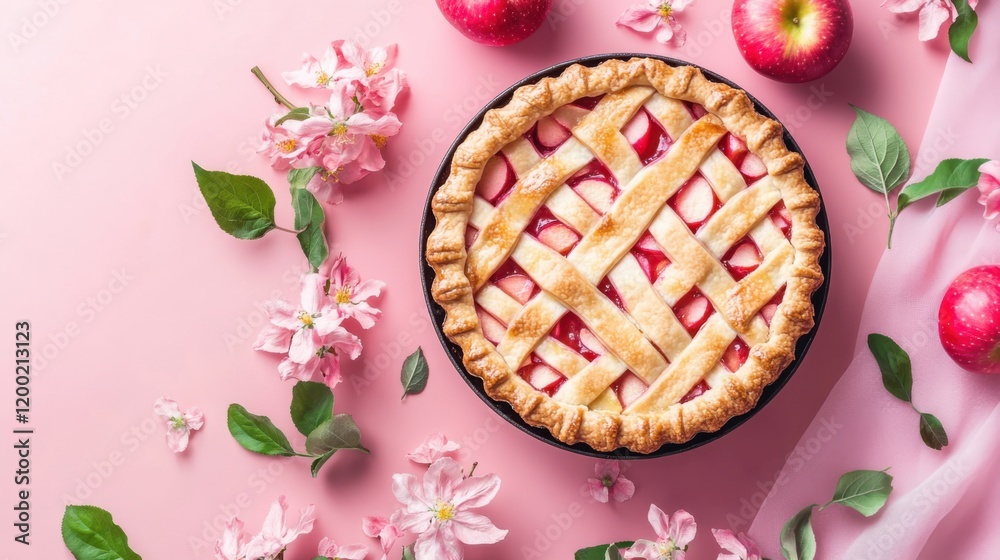 Freshly baked apple pie surrounded by pink flowers and apples on a pastel pink background Freshly baked apple pie surrounded by pink flowers and apples on a pastel pink background