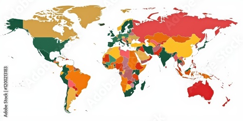 the world map is colored in orange, green and yellow
