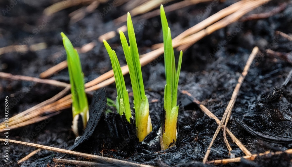 Fototapeta premium Young green shoots emerge from soil after forest fire in spring recovery process