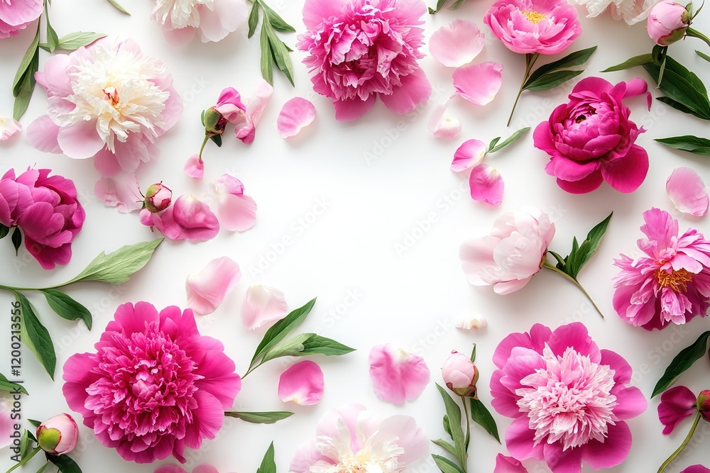 luxury floral template top view beautiful pink peonies border frame on white table with copy space luxury floral template top view beautiful pink peonies border frame on white table with copy space