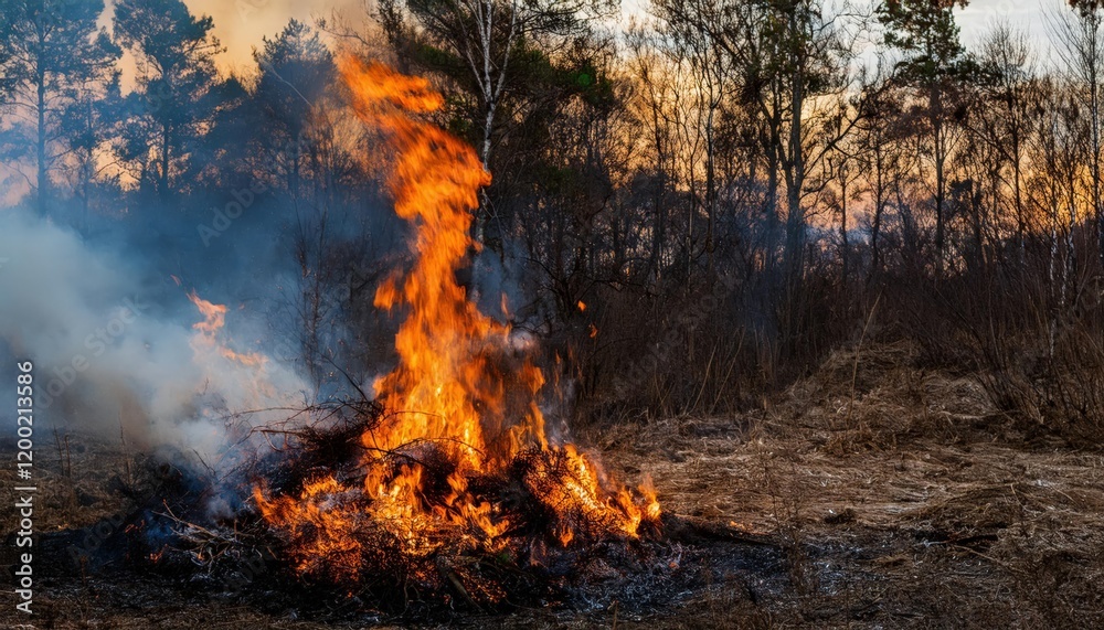 Fire as a symbol of destruction and regeneration in a forest setting during twilight Fire as a symbol of destruction and regeneration in a forest setting during twilight