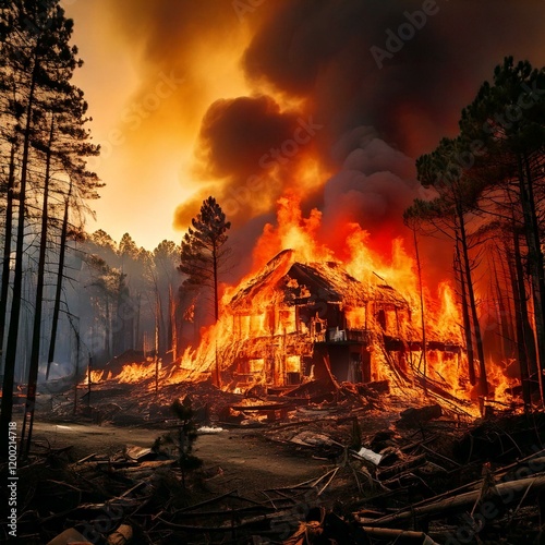Maison dans la forêt de pin détruite par les flammes, incendie haute intensité et épaisse fumée
