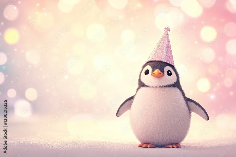 Naklejka premium funny 3d cartoon animal birthday celebration postcard, sweet penguin bird in festive party hat on pink bokeh lighting background with copy space