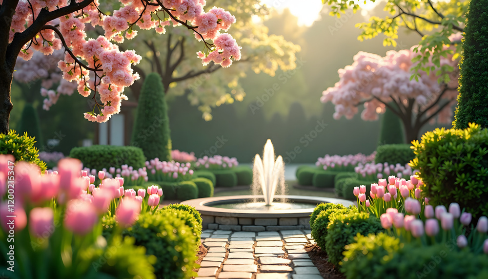 Springtime Garden with Blooming Flowers and Fountain Springtime Garden with Blooming Flowers and Fountain
