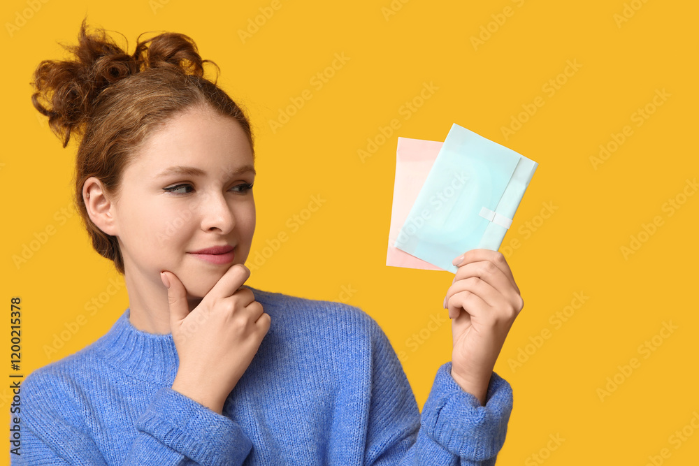 Beautiful young thoughtful woman with menstrual pads on yellow background Beautiful young thoughtful woman with menstrual pads on yellow background