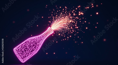 A Pink Champagne Bottle Made of a Glowing Neon Wireframe with Firework-Like Sparkling Drops, Shining Brightly Against a Dark Blue Background