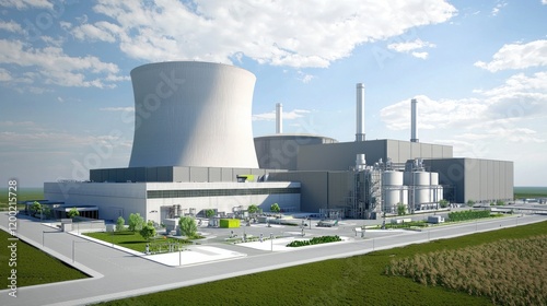 Modern nuclear power plant, rural landscape, energy production