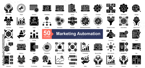 Marketing Automation Icon Collection Set.Containing Efficiency, Target, Schedule, Advertising, Landing Page, Survey, Content, Campaign icon. Simple glyph style Vector Illustration.	