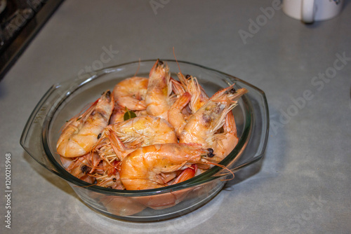 large king prawns, verine, pink, bent tails, macro, bay leaf, in a clear glass pan, seafood, food, delicious, dish photo