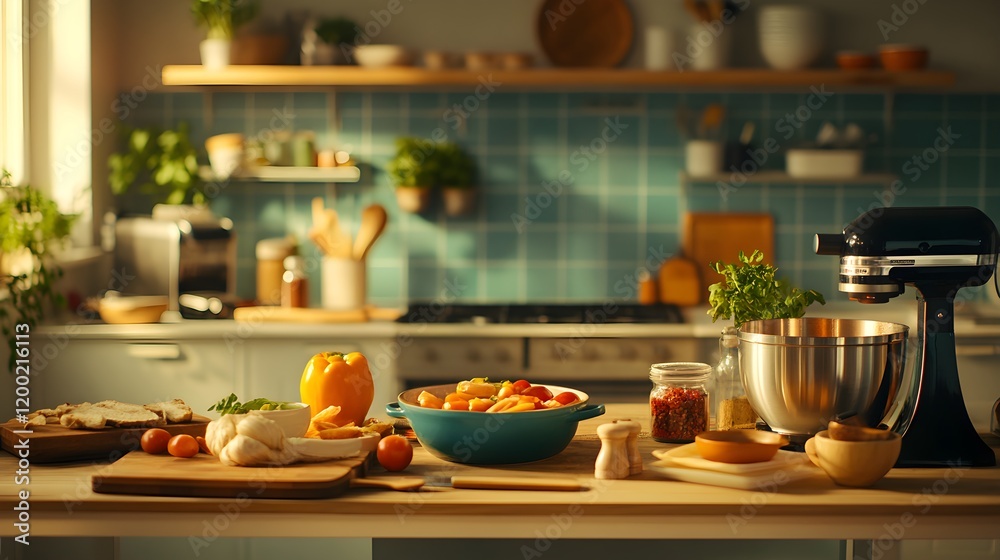 Obraz premium Dynamic Home Cooking Class Setup with Ingredients and Culinary Tools - Generative AI