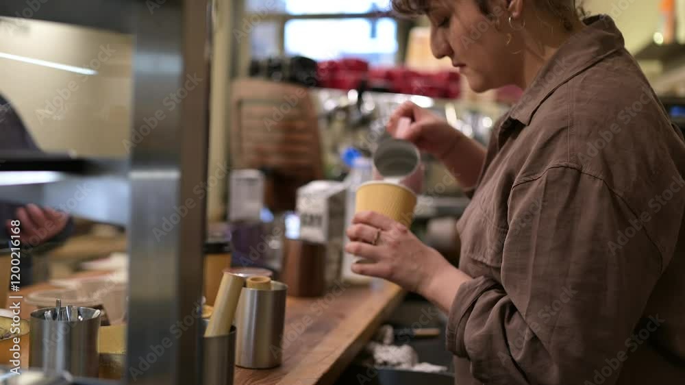 Barista preparing takeaway coffee in a coffee shop