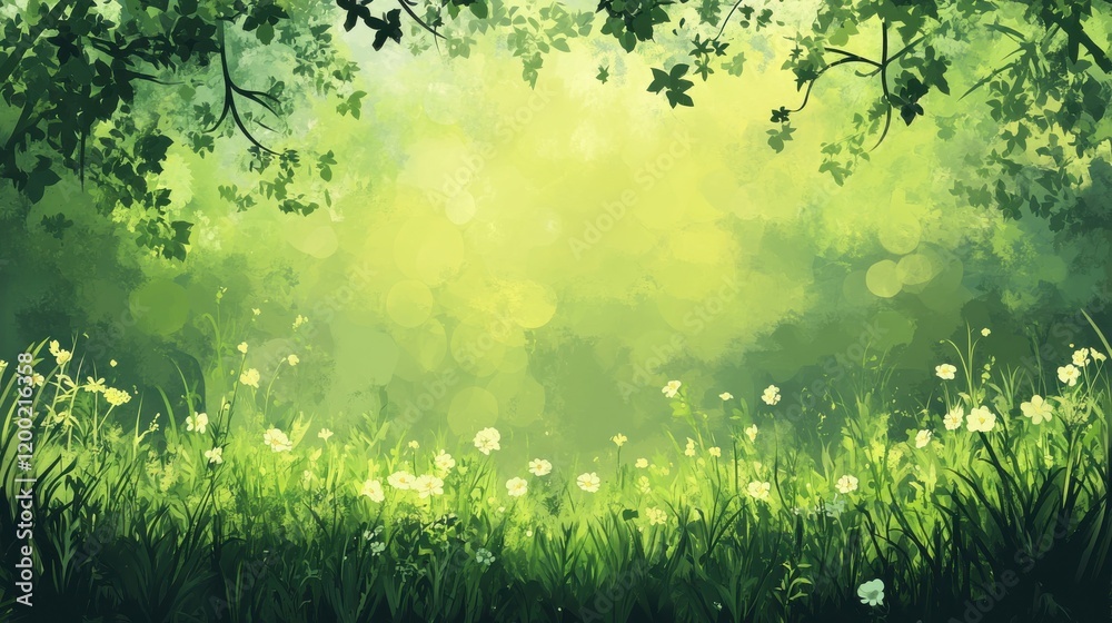 Fototapeta premium Enchanted forest meadow, sunlit greens
