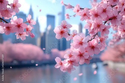 Delicate Pink Cherry Blossoms Bloom Against a New York City Skyline