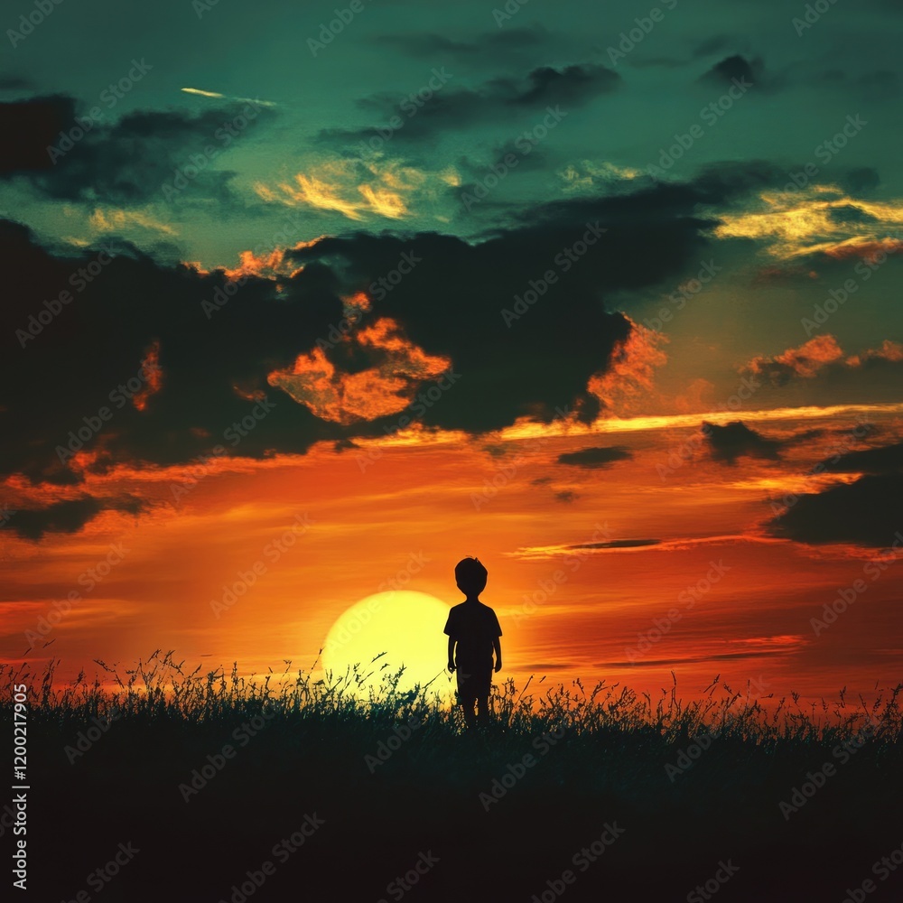 Obraz premium Silhouette of a Boy Walking at Sunset: An Artistic Representation of a Lost Soul Beneath the Vibrant Sky