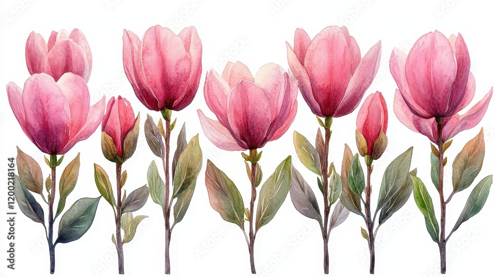 A watercolor illustration of pink magnolia flowers with green leaves.