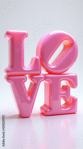 Glossy pink LOVE letters stacked neatly, reflecting light on a clean white minimalistic background, symbolizing love and affection. Valentine's day, wedding concept. photo