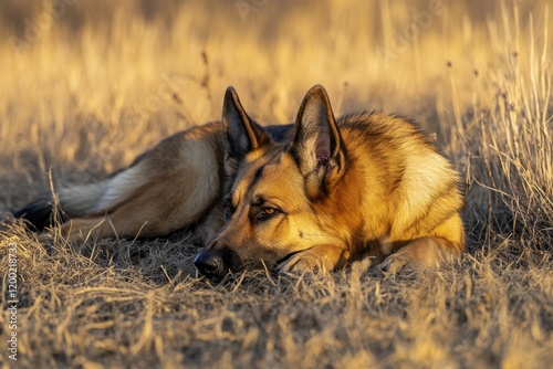 Adorable German Shepherd Dog Lying Alone, Isolated in a Cute Pose - A Beautiful Canine Companion photo